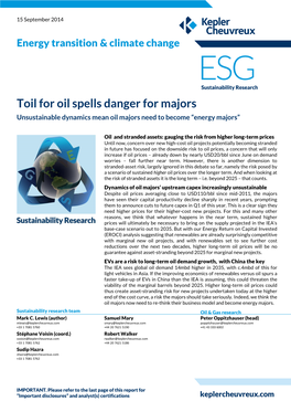 Toil for Oil Spells Danger for Majors Unsustainable Dynamics Mean Oil Majors Need to Become “Energy Majors”