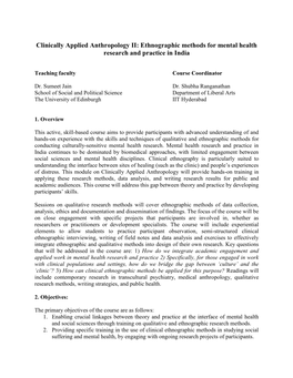 Clinically Applied Anthropology II: Ethnographic Methods for Mental Health Research and Practice in India