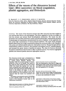 Bitis Nasicornis) on Blood Coagulation, Platelet Aggregation, and Fibrinolysis