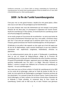 1839 : La Fin De L'unité Luxembourgeoise