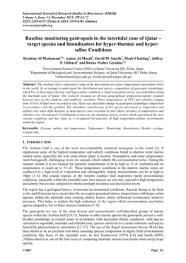 Baseline Monitoring Gastropods in the Intertidal Zone of Qatar - Target Species and Bioindicators for Hyper-Thermic and Hyper- Saline Conditions