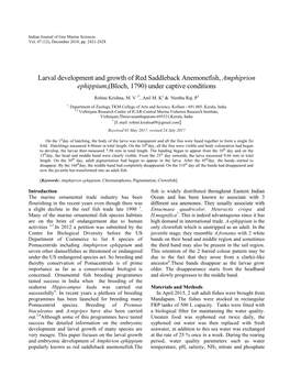 Larval Development and Growth of Red Saddleback Anemonefish, Amphiprion Ephippium,(Bloch, 1790) Under Captive Conditions