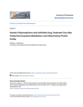 Genetic Polymorphisms and Antifolate Drug Treatment Can Alter Folate/Homocysteine Metabolism and Inflammatory Protein Profile