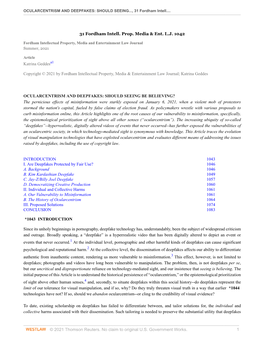 © 2021 Thomson Reuters. No Claim to Original U.S. Government Works. 1 OCULARCENTRISM and DEEPFAKES: SHOULD SEEING..., 31 Fordham Intell