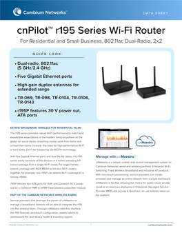 Cnpilot™ R195 Series Wi-Fi Router for Residential and Small Business, 802.11Ac Dual-Radio, 2X2