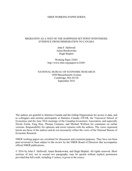 NBER WORKING PAPER SERIES MIGRATION AS a TEST of the HAPPINESS SET POINT HYPOTHESIS: EVIDENCE from IMMIGRATION to CANADA John F