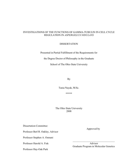 Investigations of the Functions of Gamma-Tubulin in Cell Cycle Regulation in Aspergillus Nidulans