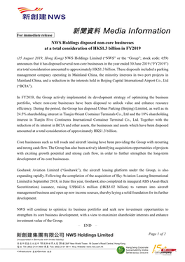 NWS Holdings Disposed Non-Core Businesses at a Total Consideration of HK$1.3 Billion in FY2019