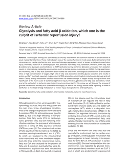 Review Article Glycolysis and Fatty Acid Β-Oxidation, Which One Is the Culprit of Ischemic Reperfusion Injury?