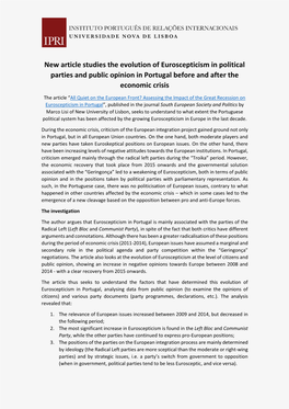 New Article Studies the Evolution of Euroscepticism in Political Parties and Public Opinion in Portugal Before and After the Economic Crisis