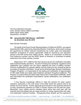 July 3, 2019 the Honorable Bob Archuleta Chair, Senate Veteran Affairs Committee State Capitol, Room 4066 Sacramento, CA 95814 R