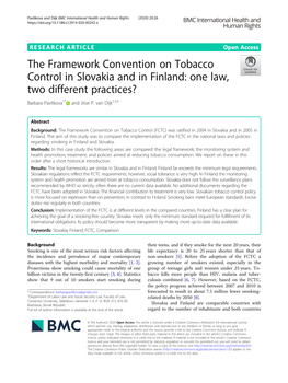 The Framework Convention on Tobacco Control in Slovakia and in Finland: One Law, Two Different Practices? Barbara Pavlikova1* and Jitse P