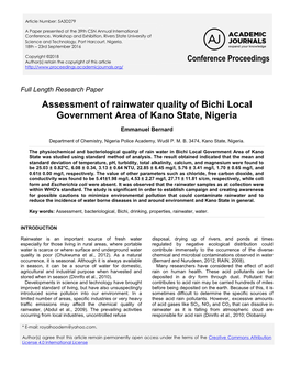 Assessment of Rainwater Quality of Bichi Local Government Area of Kano State, Nigeria