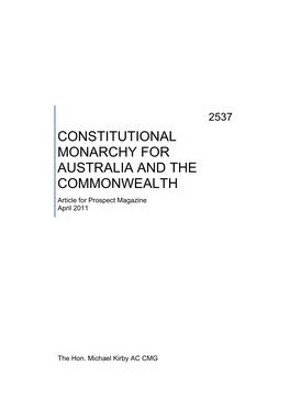 CONSTITUTIONAL MONARCHY for AUSTRALIA and the COMMONWEALTH Article for Prospect Magazine April 2011