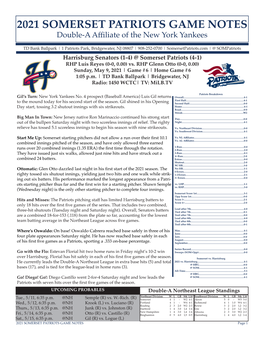 2021 SOMERSET PATRIOTS GAME NOTES Double-A Affiliate of the New York Yankees