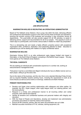 Job Specification Warrington Wolves Is Recruiting An