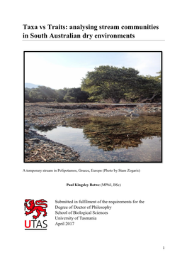 Taxa Vs Traits: Analysing Stream Communities in South Australian Dry Environments