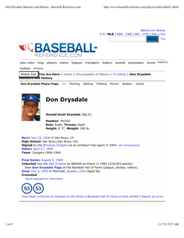 Don Drysdale Statistics and History - Baseball-Reference.Com