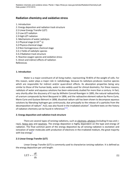 Radiation Chemistry and Oxidative Stress. Plante I