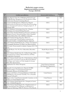 Radiacinės Saugos Centras Registruotų Leidinių Suvestinė Parengta: 2012-01-06