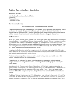 Outdoor Recreation Party Submission Committee Secretary Joint Standing Committee on Electoral Matters PO Box 6021 Parliament House Canberra ACT 2600