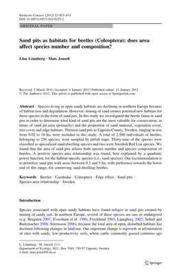 Sand Pits As Habitats for Beetles (Coleoptera): Does Area Affect Species Number and Composition?