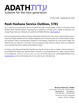 Rosh Hashana Service Outlines, 5781