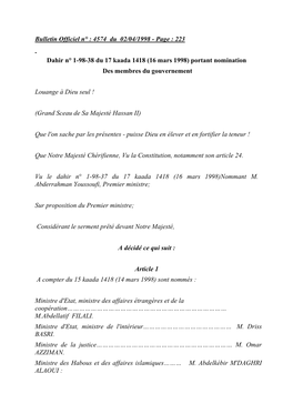 16 Mars 1998) Portant Nomination Des Membres Du Gouvernement