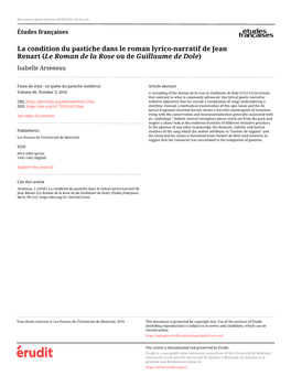 La Condition Du Pastiche Dans Le Roman Lyrico-Narratif De Jean Renart (Le Roman De La Rose Ou De Guillaume De Dole) Isabelle Arseneau