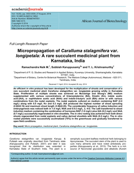 Micropropagation of Caralluma Stalagmifera Var. Longipetala: a Rare Succulent Medicinal Plant from Karnataka, India