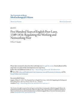 Five Hundred Years of English Poor Laws, 1349-1834: Regulating the Working and Nonworking Poor William P