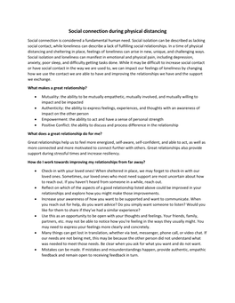 Social Connection During Physical Distancing Social Connection Is Considered a Fundamental Human Need