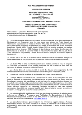 Avis À Manifestation D'intérêt Republique Du Benin Ministere De L'agriculture, De L'elevage Et De La Peche