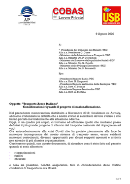 9 Agosto 2020 Oggetto: "Trasporto Aereo Italiano" Considerazioni