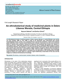 An Ethnobotanical Study of Medicinal Plants in Debre Libanos Wereda, Central Ethiopia