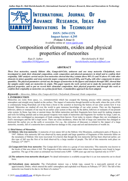 Composition of Elements, Oxides and Physical Properties of Meteorites Raju D