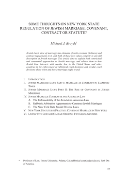 Some Thoughts on New York State Regulation of Jewish Marriage: Covenant, Contract Or Statute?