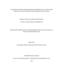 (Ndvi) En La Zona Este Del Departamento Del Tolima