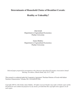 Determinants of Household Choice of Breakfast Cereals