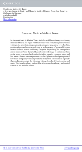 Poetry and Music in Medieval France: from Jean Renart to Guillaume De Machaut Ardis Butterfield Frontmatter More Information