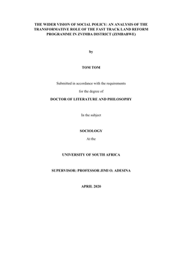 The Wider Vision of Social Policy: an Analysis of the Transformative Role of the Fast Track Land Reform Programme in Zvimba District (Zimbabwe)