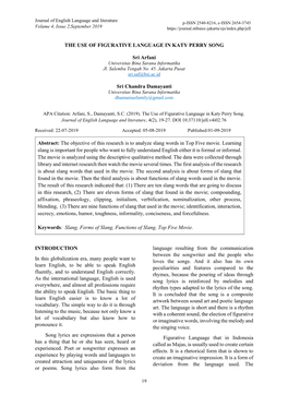 THE USE of FIGURATIVE LANGUAGE in KATY PERRY SONG Sri Arfani Sri Chandra Damayanti Abstract: the Objective of This Research Is T