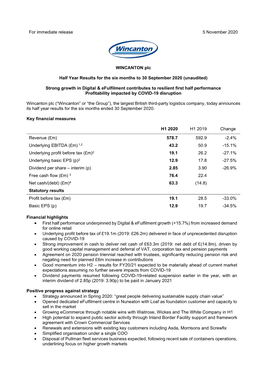 For Immediate Release 5 November 2020 WINCANTON Plc Half Year