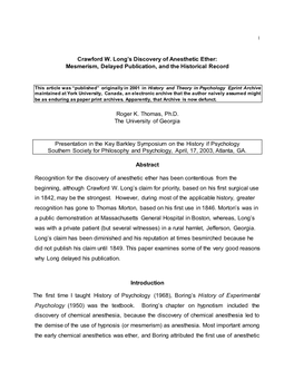 Crawford W. Long's Discovery of Anesthetic Ether