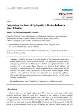 Insights Into the Roles of Cyclophilin a During Influenza Virus Infection