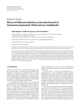 Effects of Different Salinities on Juvenile Growth of Gammarus Aequicauda (Malacostraca: Amphipoda)