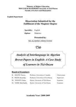 Analysis of Interlanguage in Algerian Brevet Papers in English: a Case