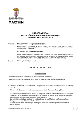 PROCÈS-VERBAL DE LA SÉANCE DU CONSEIL COMMUNAL DU MERCREDI 25 Avril 2018