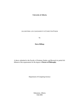 University of Alberta by Darse Billings a Thesis Submitted to the Faculty Of