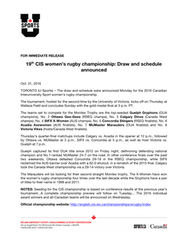 19Th CIS Women's Rugby Championship: Draw and Schedule
